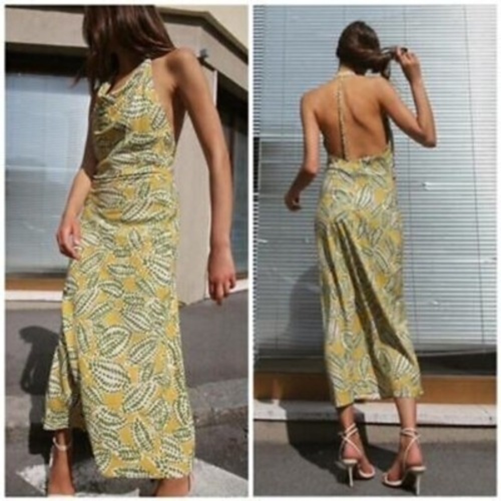 Zara Leaf Halter Midi Dress Linen Blend Cowl Neck Elegant Braided Backless S